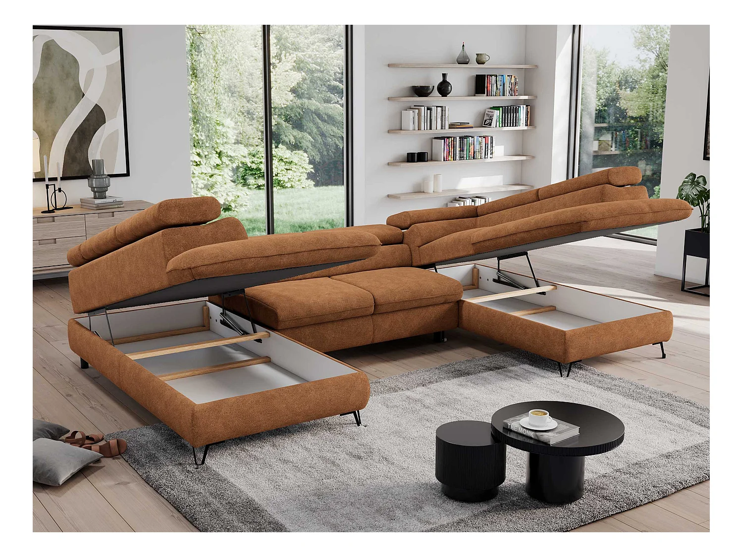 Ecksofa PEDRO U - XXL U-förmige Ecke, schlaffunktion und Bettkästen - Orange Stukture