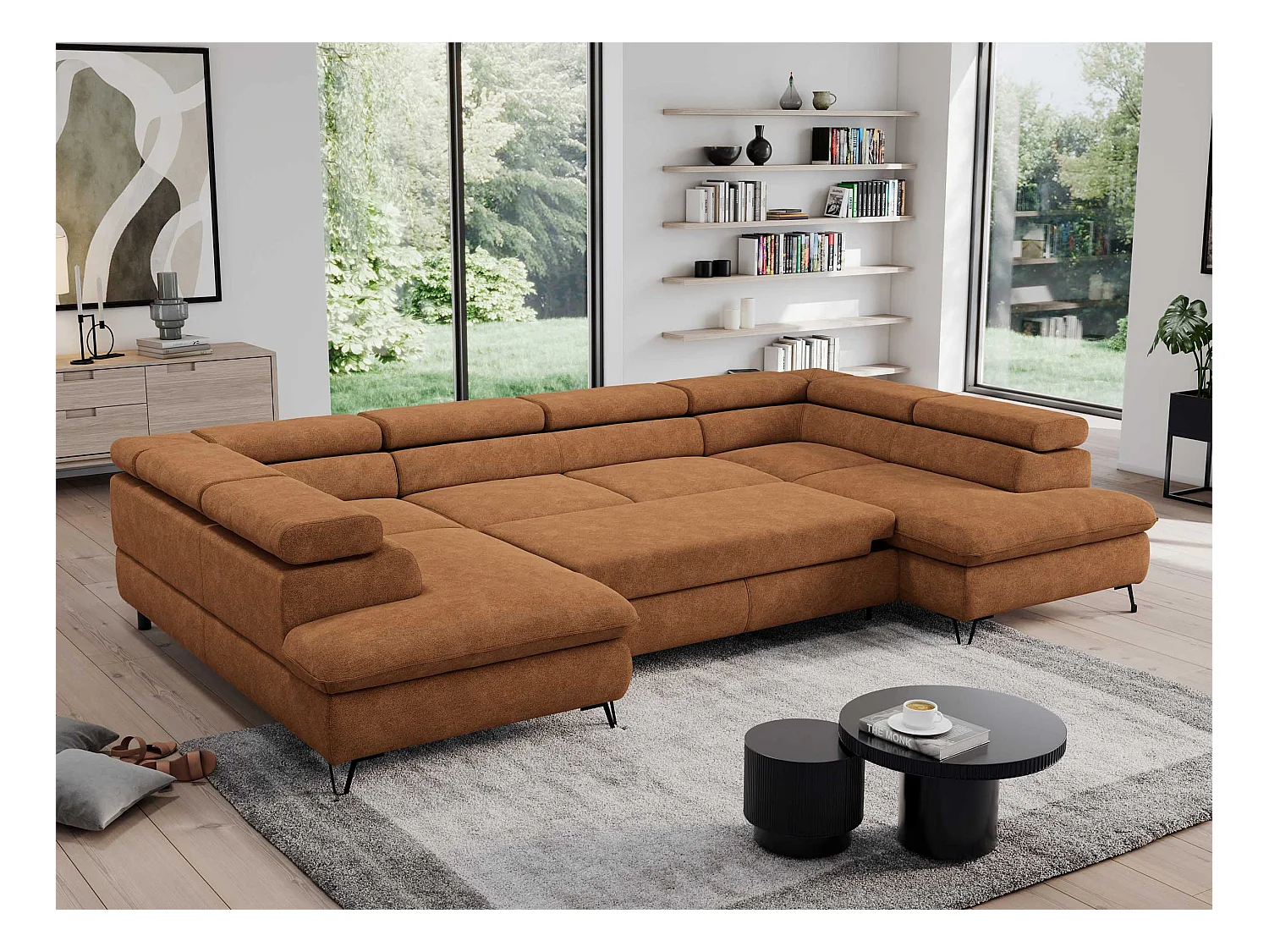 Ecksofa PEDRO U - XXL U-förmige Ecke, schlaffunktion und Bettkästen - Orange Stukture