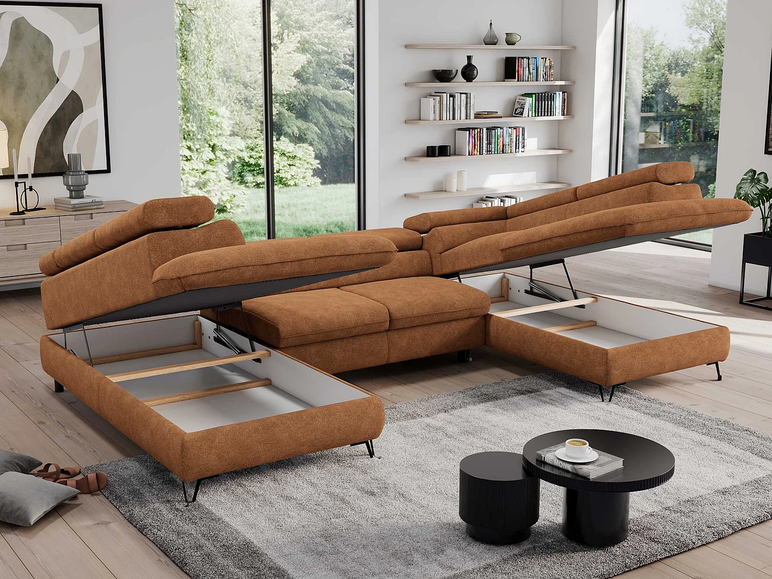 Ecksofa PEDRO U - XXL U-förmige Ecke, schlaffunktion und Bettkästen - Orange Stukture