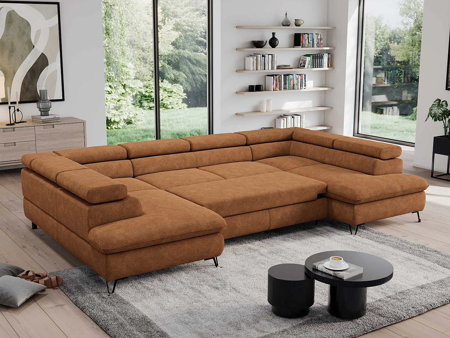 Ecksofa PEDRO U - XXL U-förmige Ecke, schlaffunktion und Bettkästen - Orange Stukture