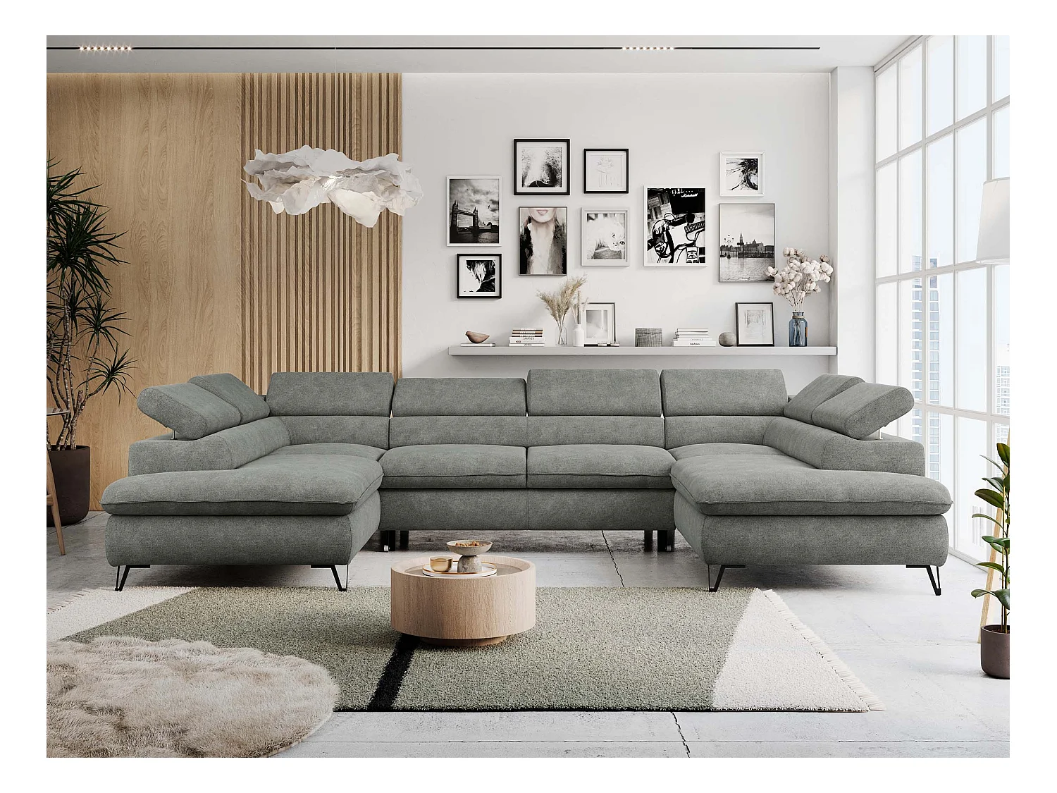 Ecksofa PETER U - schlaffunktion und Bettkästen, verstellbare Kopfstützen - Grau Stukture