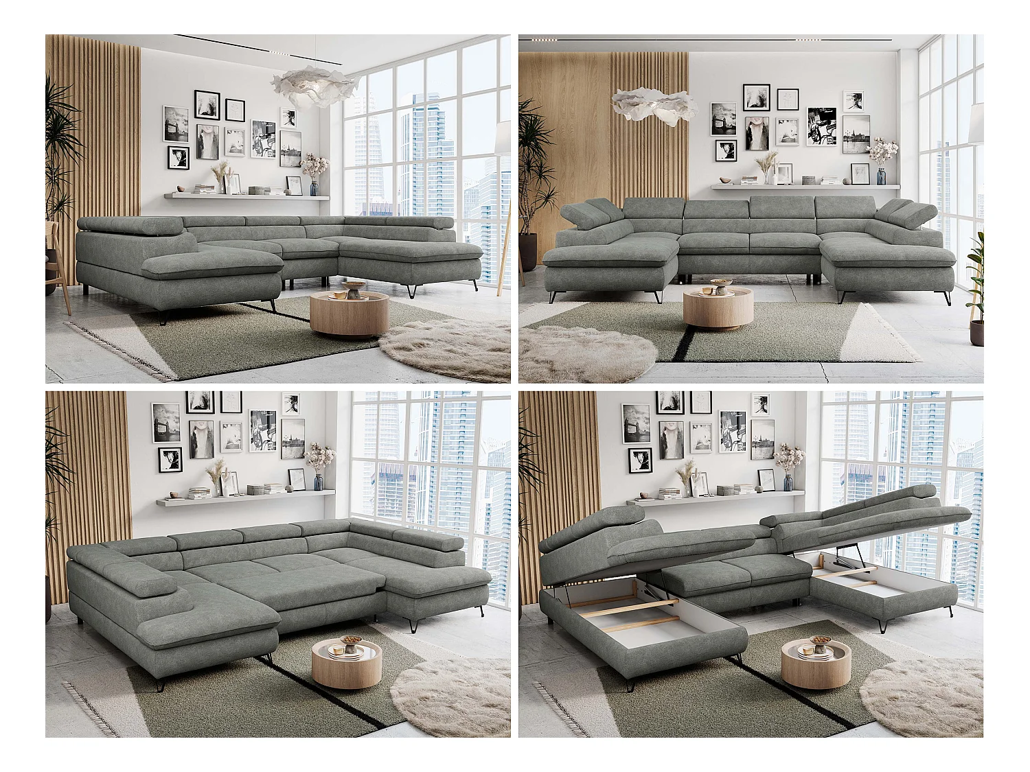 Ecksofa PETER U - schlaffunktion und Bettkästen, verstellbare Kopfstützen - Grau Stukture