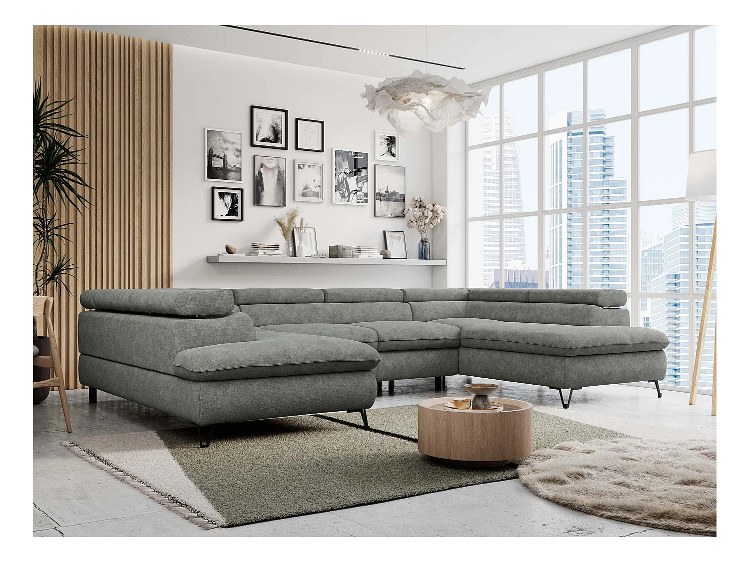 Ecksofa PETER U - schlaffunktion und Bettkästen, verstellbare Kopfstützen - Grau Stukture