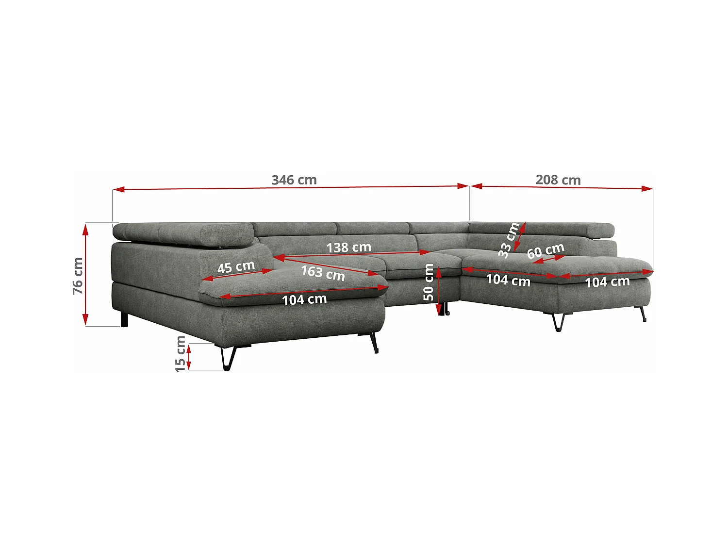 Ecksofa PETER U - schlaffunktion und Bettkästen, verstellbare Kopfstützen - Grau Stukture