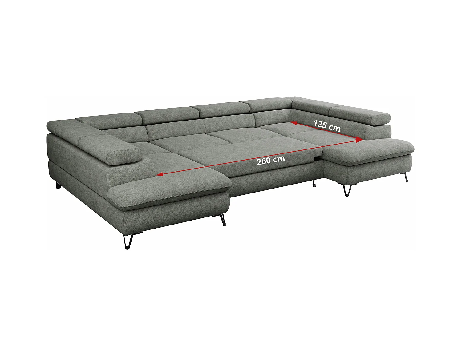 Ecksofa PETER U - schlaffunktion und Bettkästen, verstellbare Kopfstützen - Grau Stukture