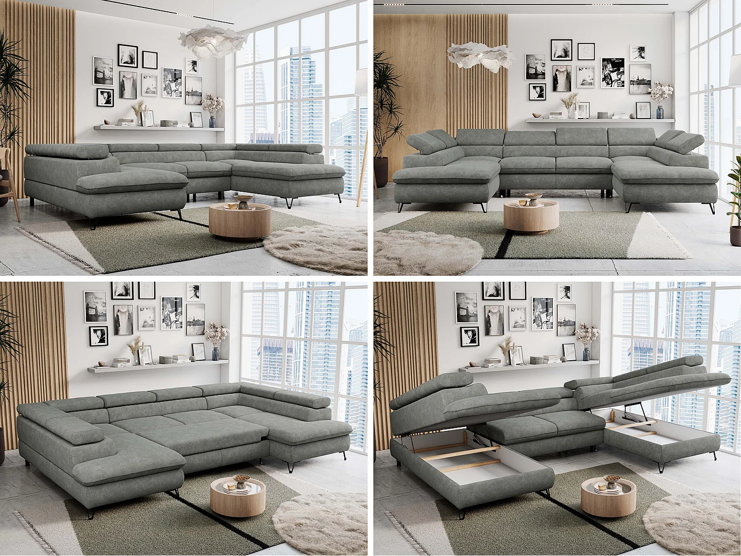 Ecksofa PETER U - schlaffunktion und Bettkästen, verstellbare Kopfstützen - Grau Stukture