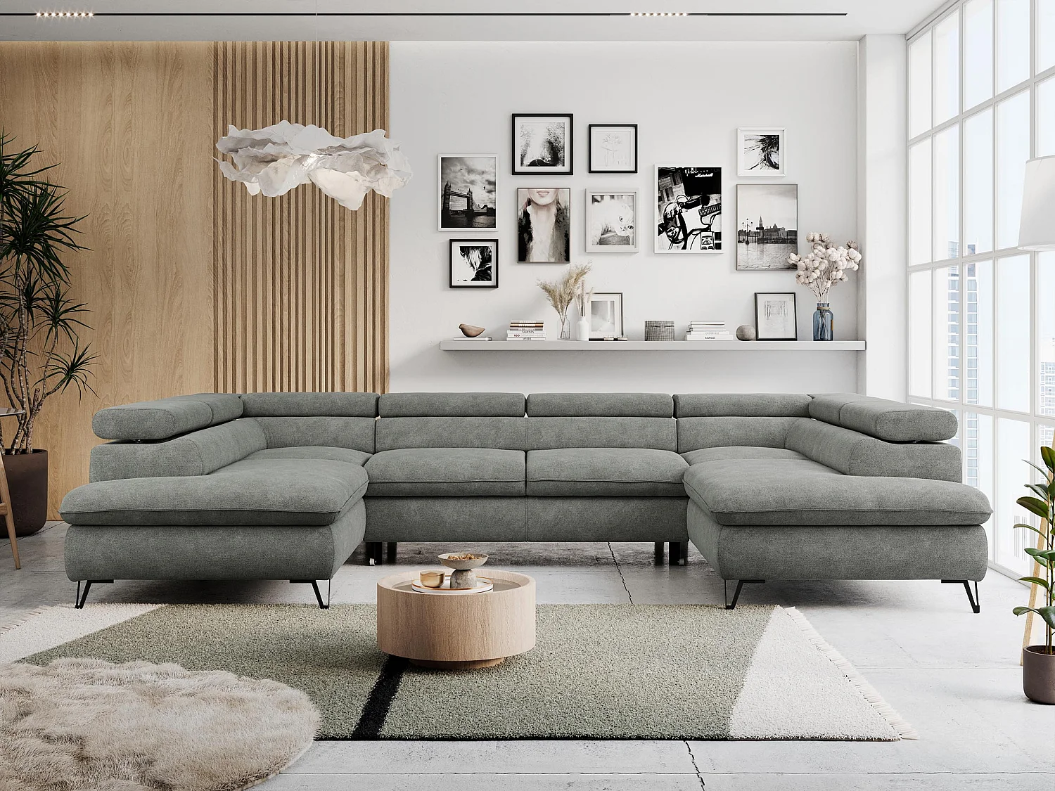 Ecksofa PETER U - schlaffunktion und Bettkästen, verstellbare Kopfstützen - Grau Stukture