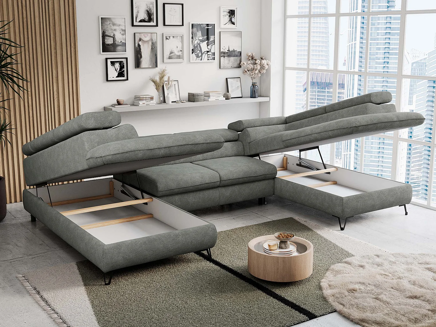 Ecksofa PETER U - schlaffunktion und Bettkästen, verstellbare Kopfstützen - Grau Stukture