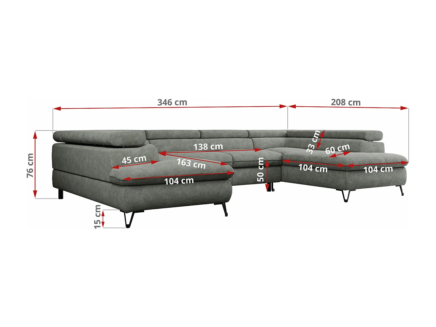 Ecksofa PETER U - schlaffunktion und Bettkästen, verstellbare Kopfstützen - Grau Stukture