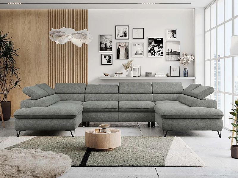 Ecksofa PETER U - schlaffunktion und Bettkästen, verstellbare Kopfstützen - Grau Stukture