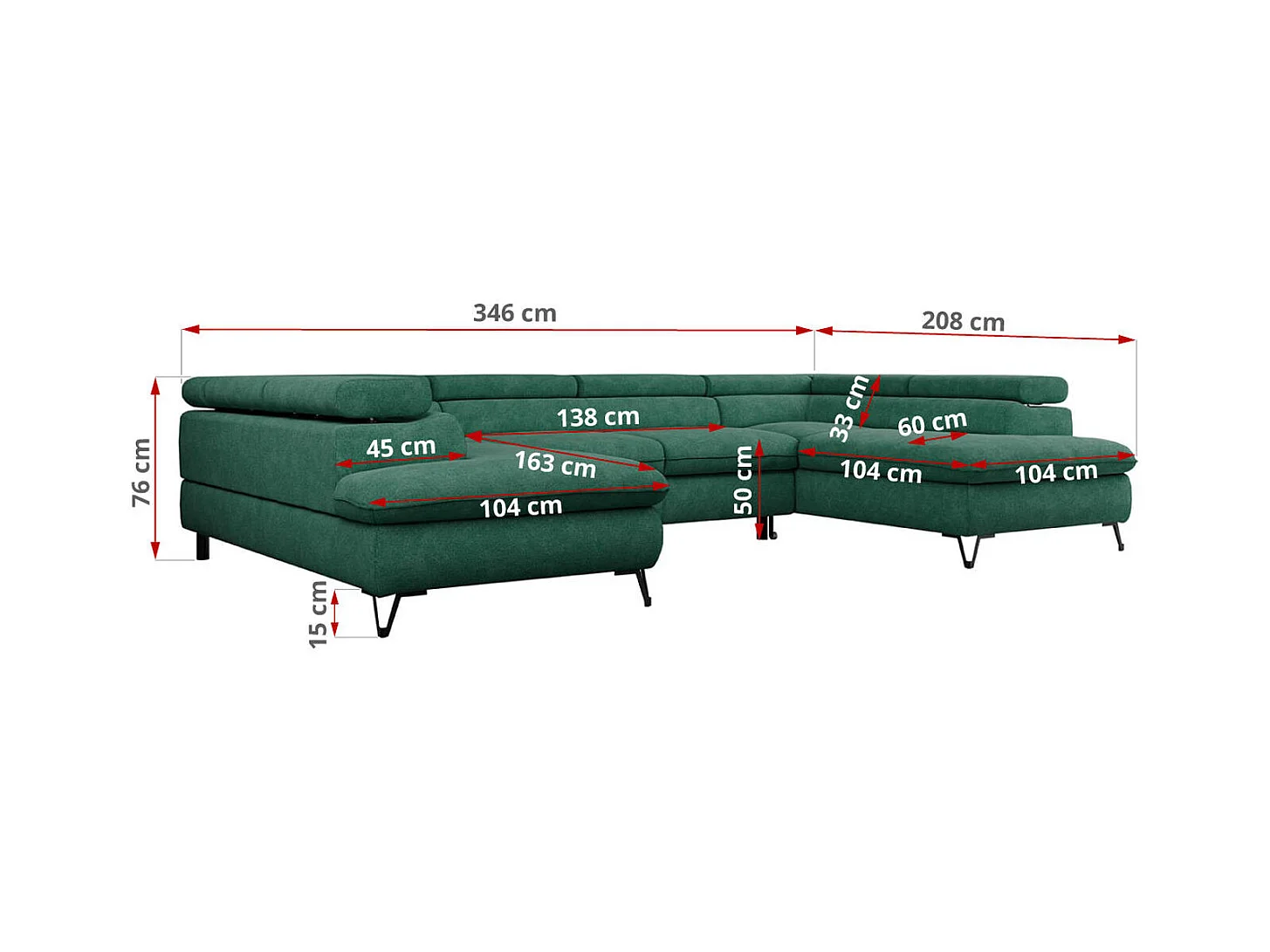 Ecksofa PEDRO U - XXL U-förmige Ecke, schlaffunktion und Bettkästen - Türkis Stukture