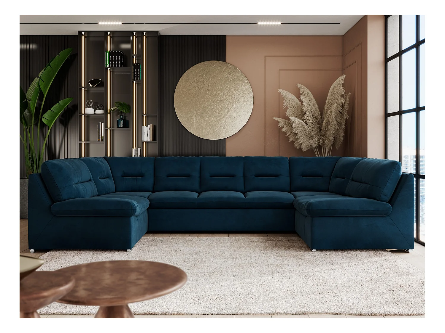 Ecksofa COMODO U, Große Wohnlandschaft, mit Schlaffunktion - Dunkelblau Velvet