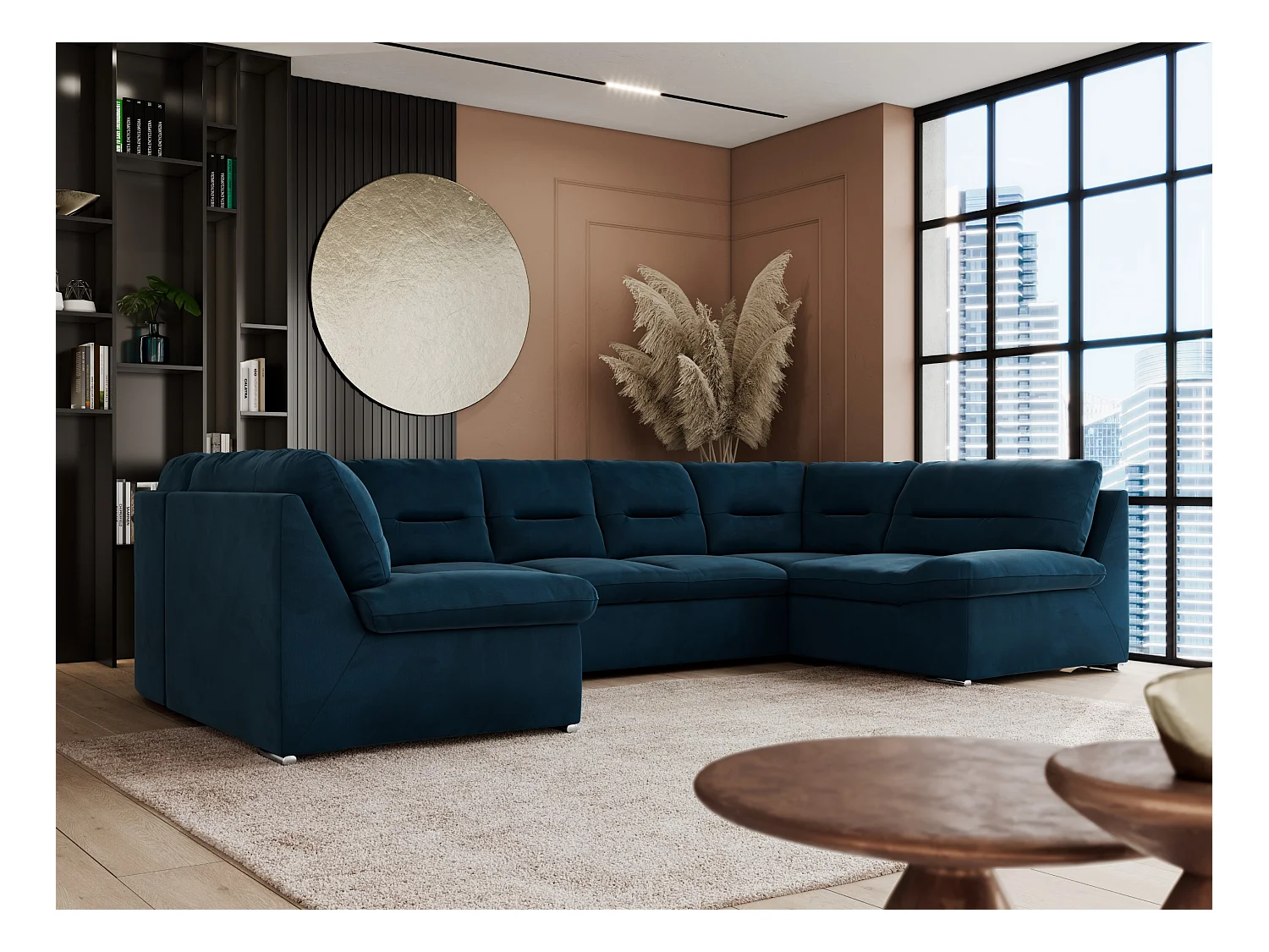 Ecksofa COMODO U, Große Wohnlandschaft, mit Schlaffunktion - Dunkelblau Velvet