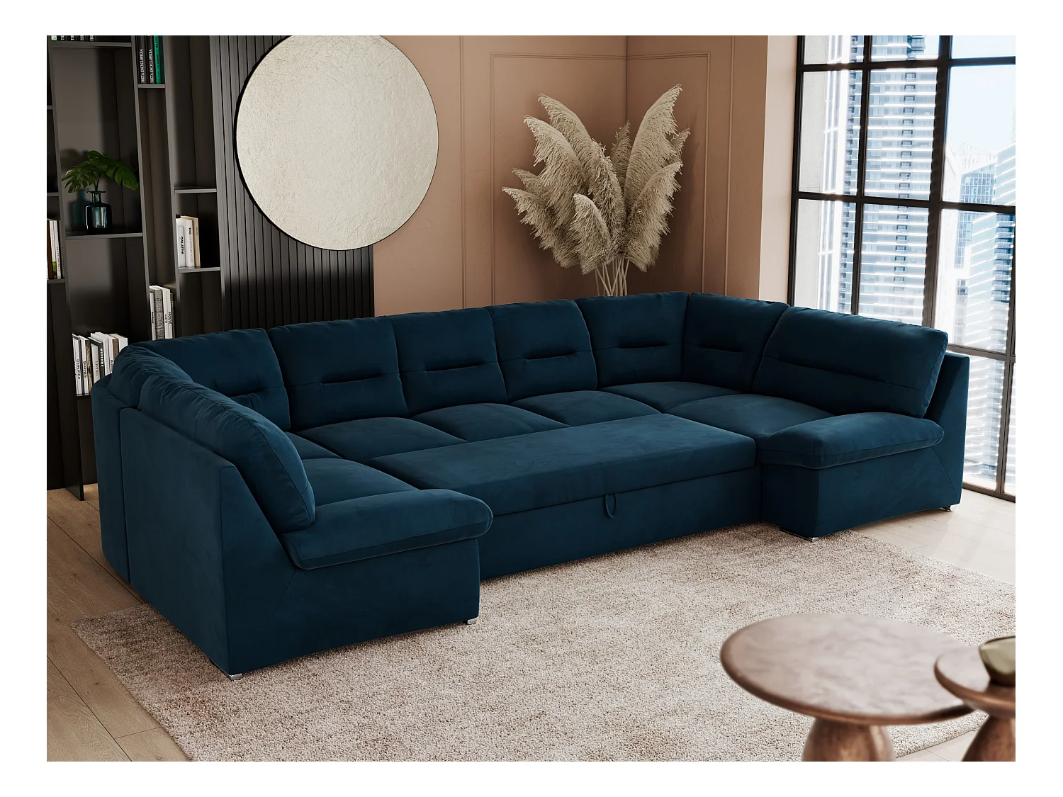 Ecksofa COMODO U, Große Wohnlandschaft, mit Schlaffunktion - Dunkelblau Velvet