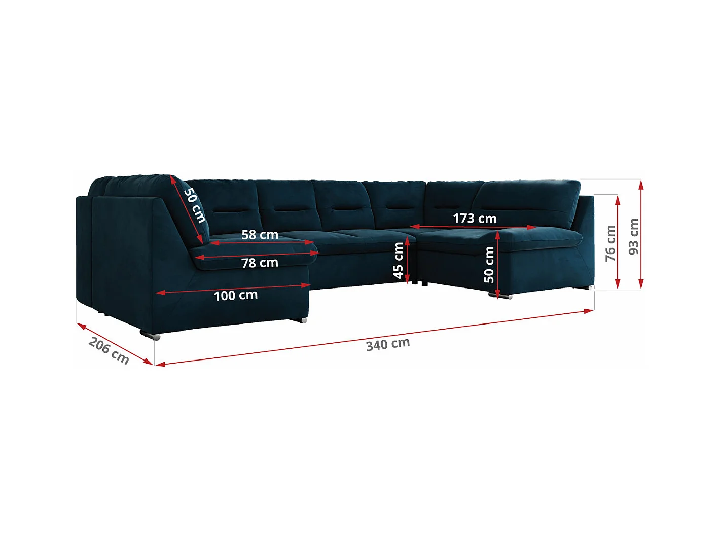 Ecksofa COMODO U, Große Wohnlandschaft, mit Schlaffunktion - Dunkelblau Velvet