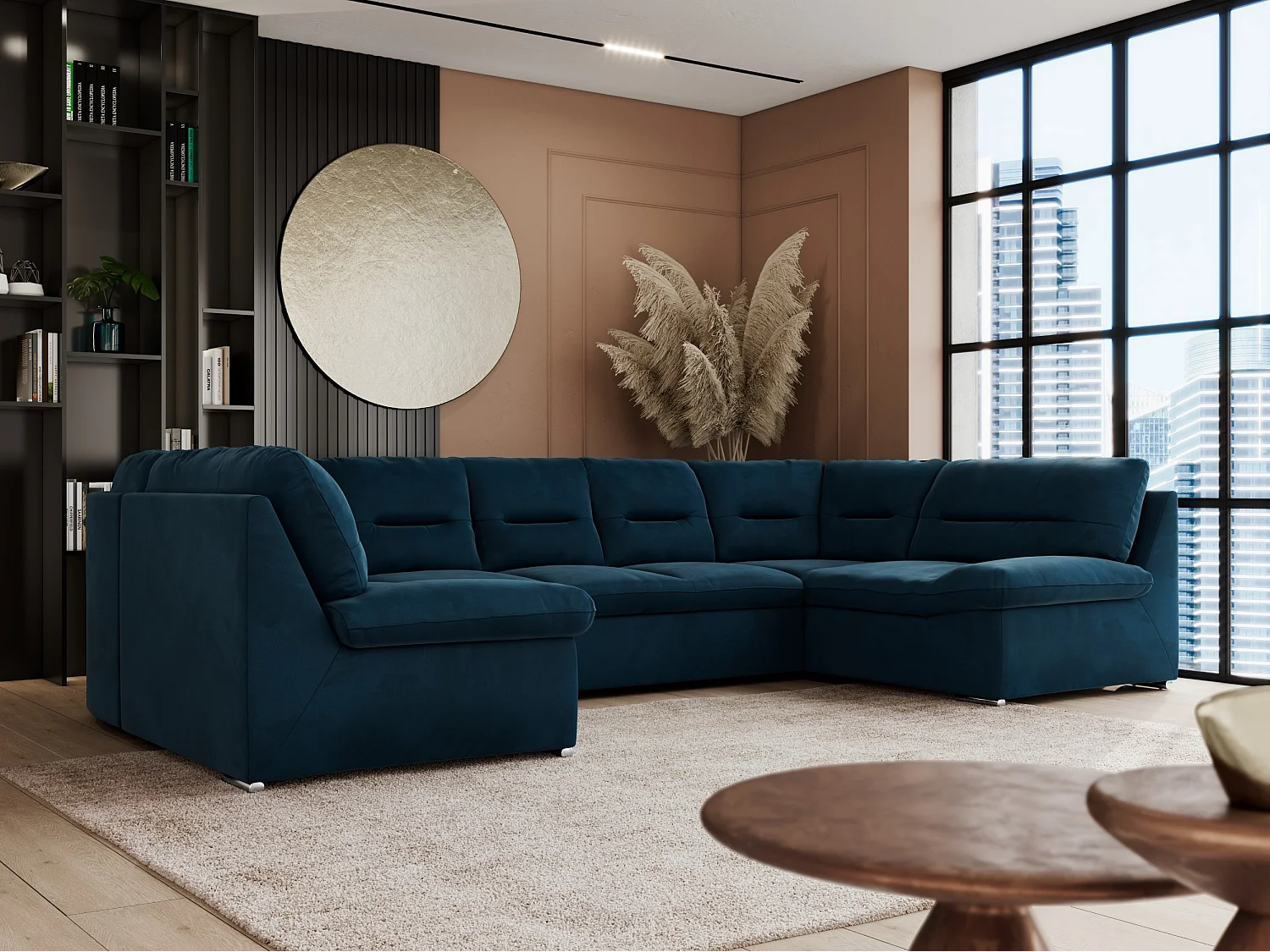 Ecksofa COMODO U, Große Wohnlandschaft, mit Schlaffunktion - Dunkelblau Velvet