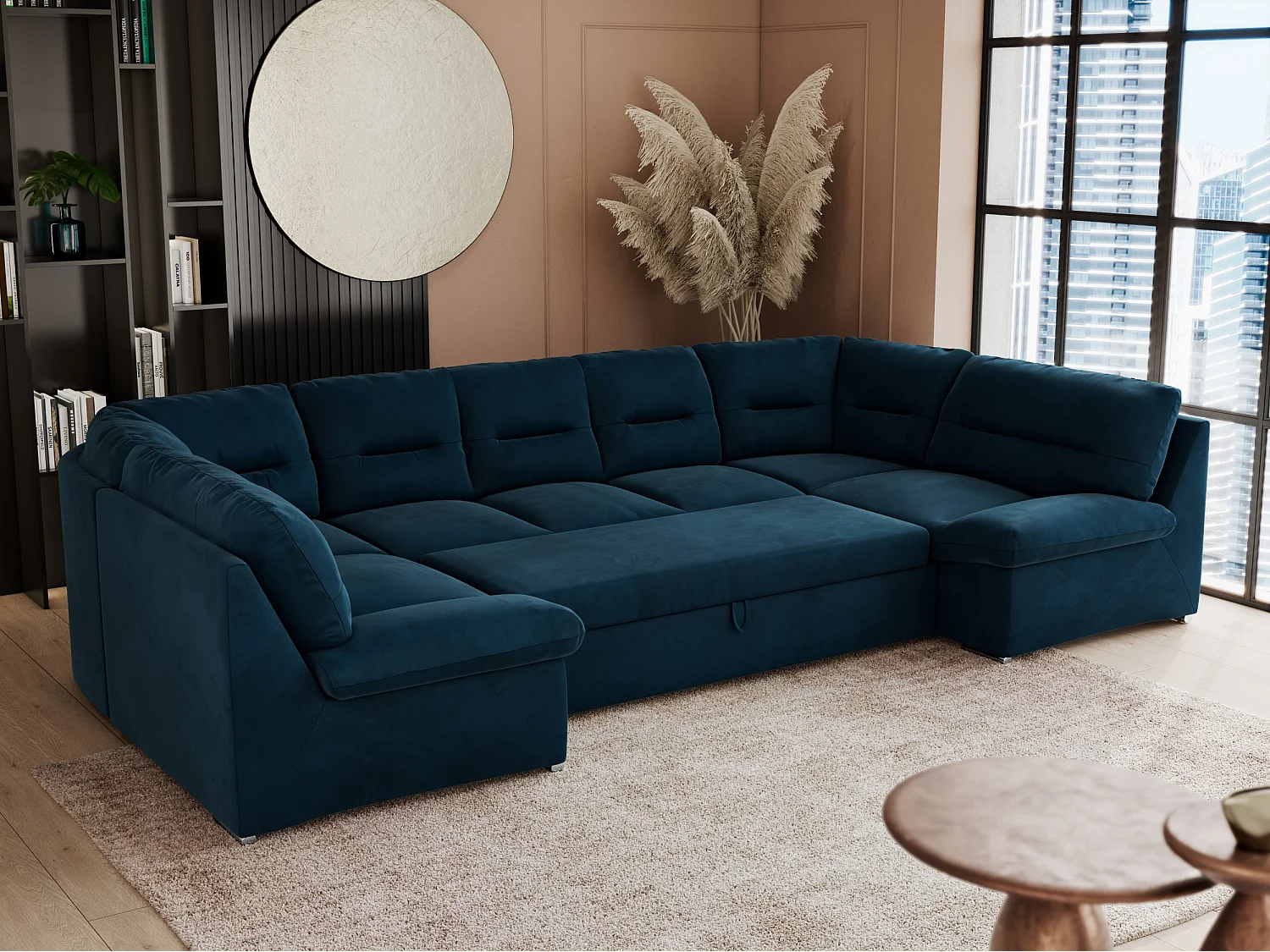 Ecksofa COMODO U, Große Wohnlandschaft, mit Schlaffunktion - Dunkelblau Velvet