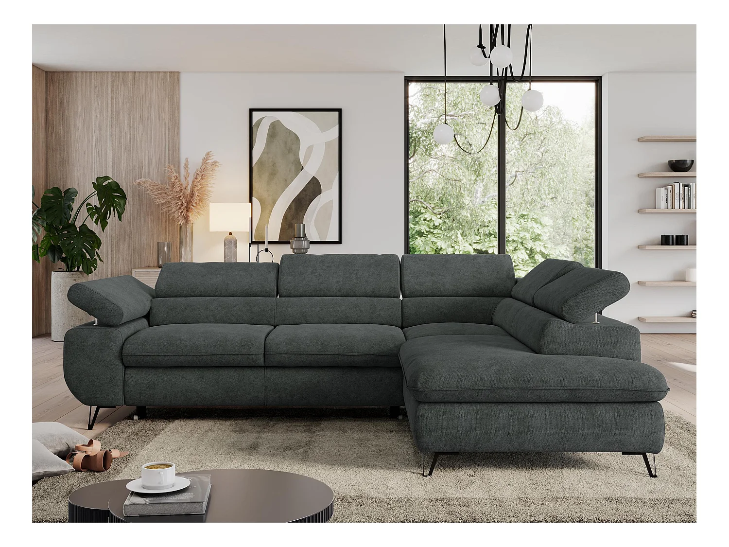 Ecksofa PEDRO - L-Form mit Schlaffunktion 200x125 cm, verstellbaren Kopfstützen - Dunkelgrau Stukture - Ecke Rechts