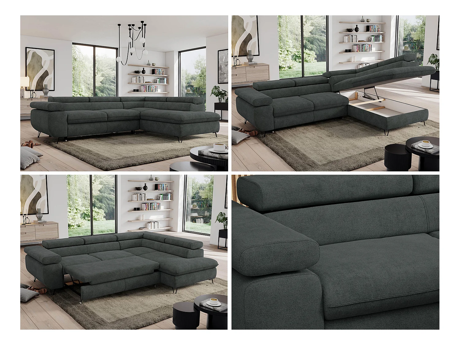Ecksofa PEDRO - L-Form mit Schlaffunktion 200x125 cm, verstellbaren Kopfstützen - Dunkelgrau Stukture - Ecke Rechts