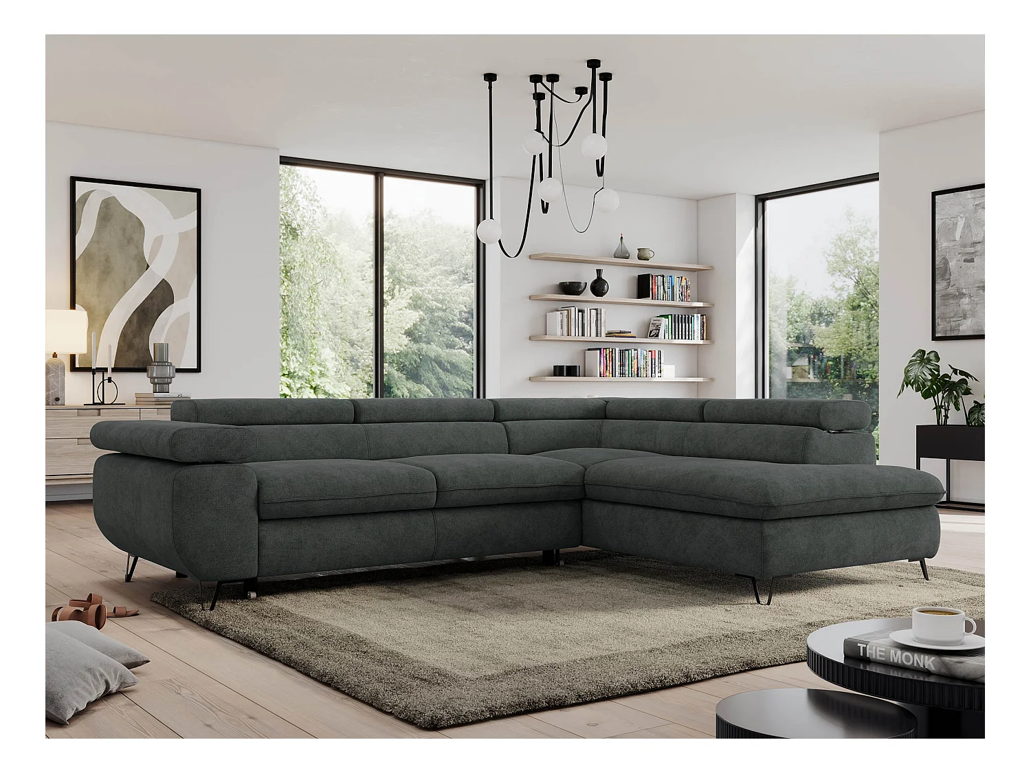 Ecksofa PEDRO - L-Form mit Schlaffunktion 200x125 cm, verstellbaren Kopfstützen - Dunkelgrau Stukture - Ecke Rechts