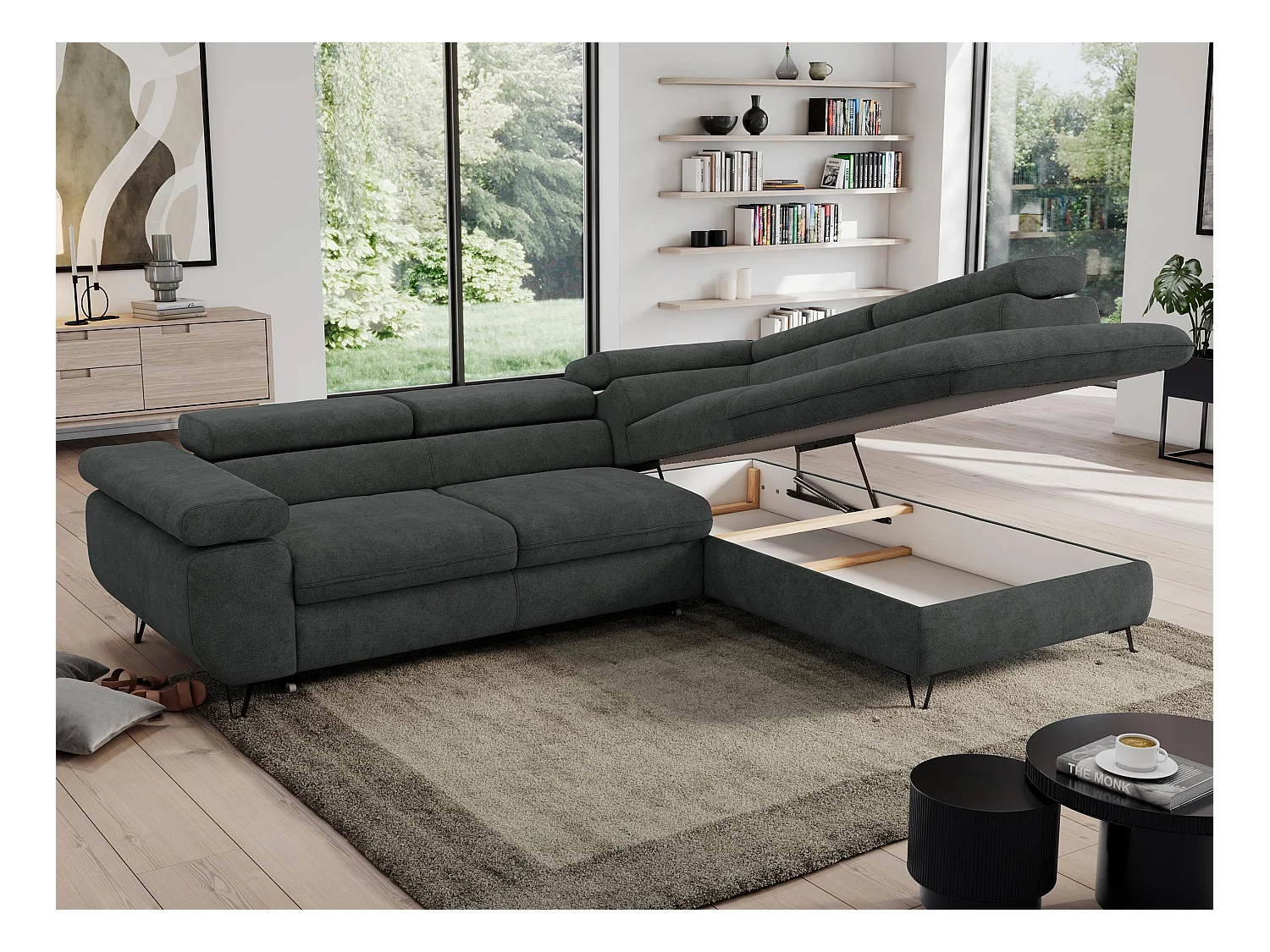 Ecksofa PEDRO - L-Form mit Schlaffunktion 200x125 cm, verstellbaren Kopfstützen - Dunkelgrau Stukture - Ecke Rechts