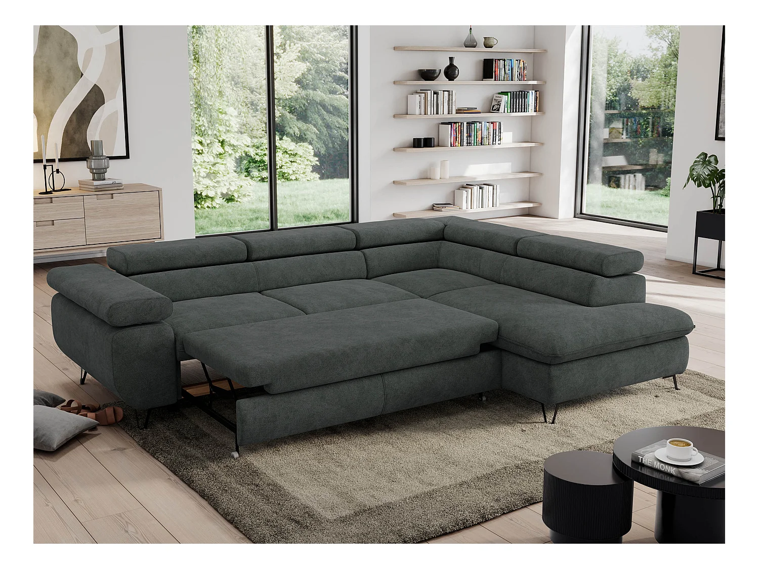 Ecksofa PEDRO - L-Form mit Schlaffunktion 200x125 cm, verstellbaren Kopfstützen - Dunkelgrau Stukture - Ecke Rechts