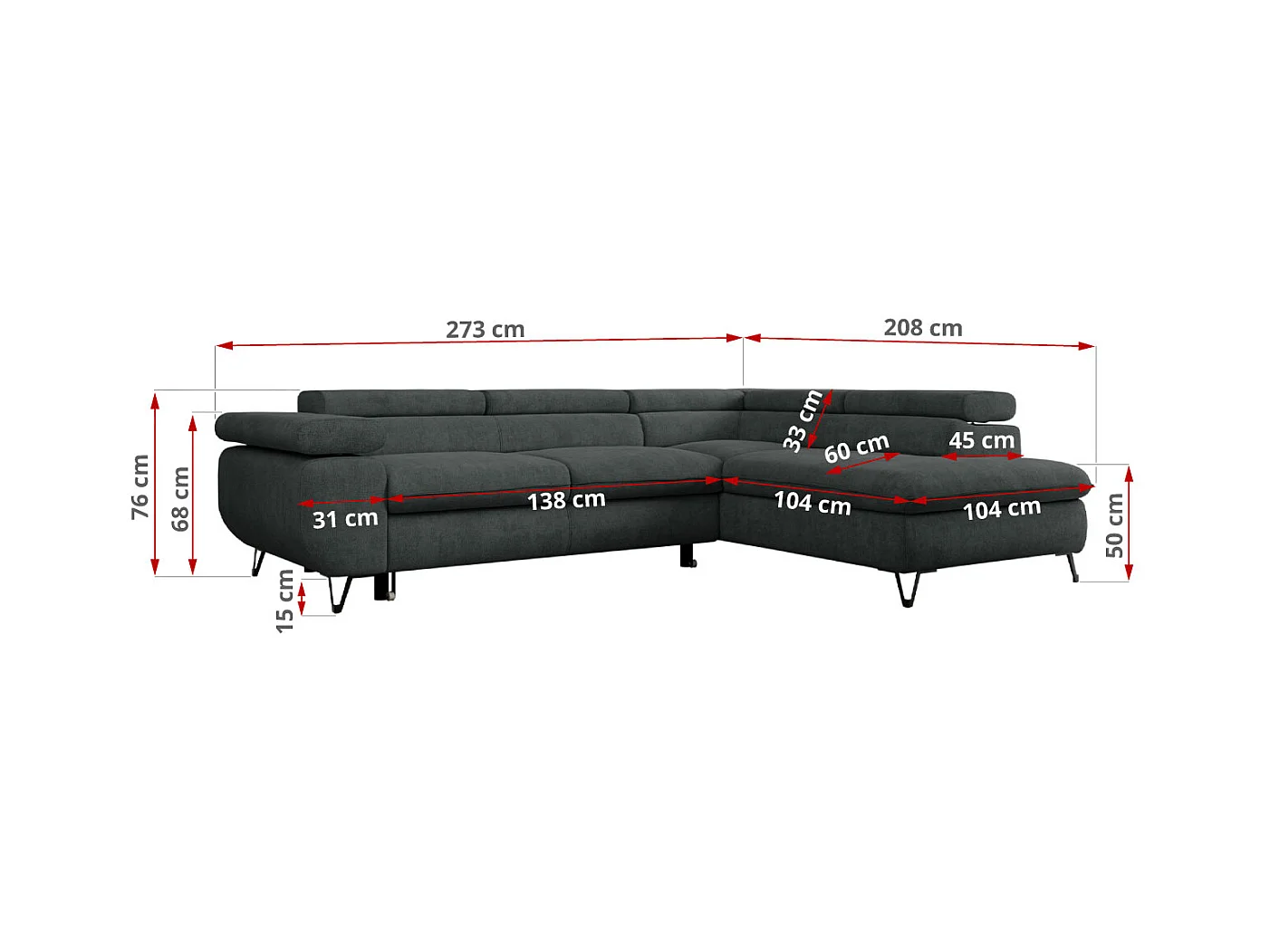 Ecksofa PEDRO - L-Form mit Schlaffunktion 200x125 cm, verstellbaren Kopfstützen - Dunkelgrau Stukture - Ecke Rechts