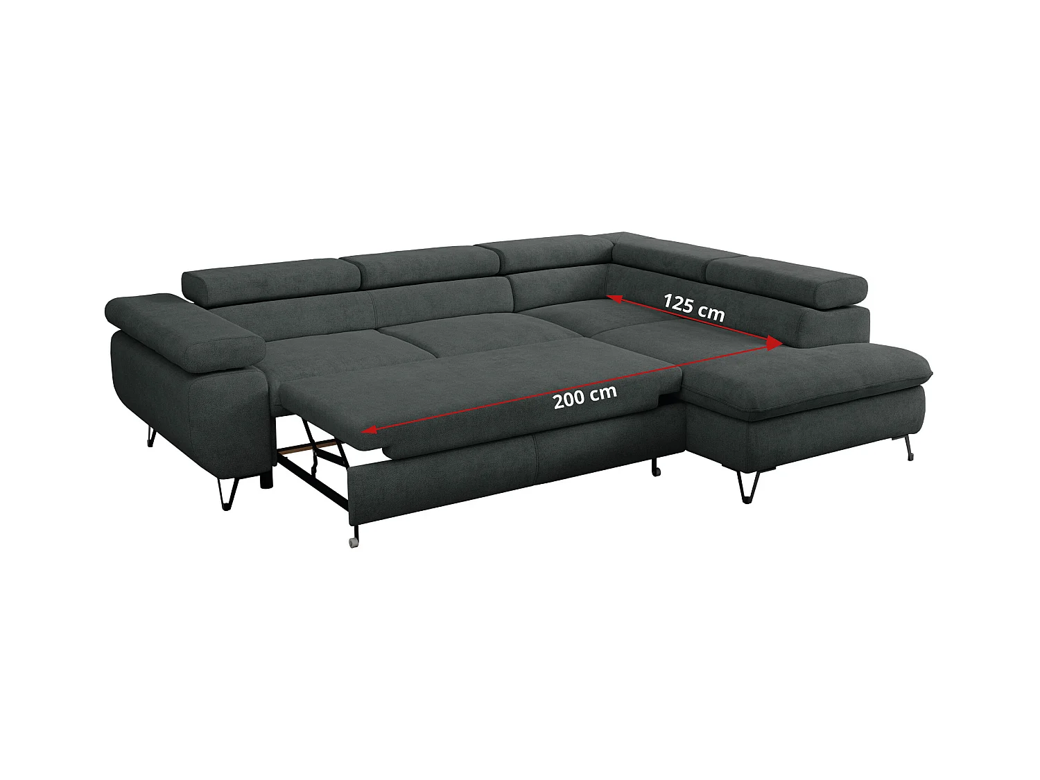 Ecksofa PEDRO - L-Form mit Schlaffunktion 200x125 cm, verstellbaren Kopfstützen - Dunkelgrau Stukture - Ecke Rechts