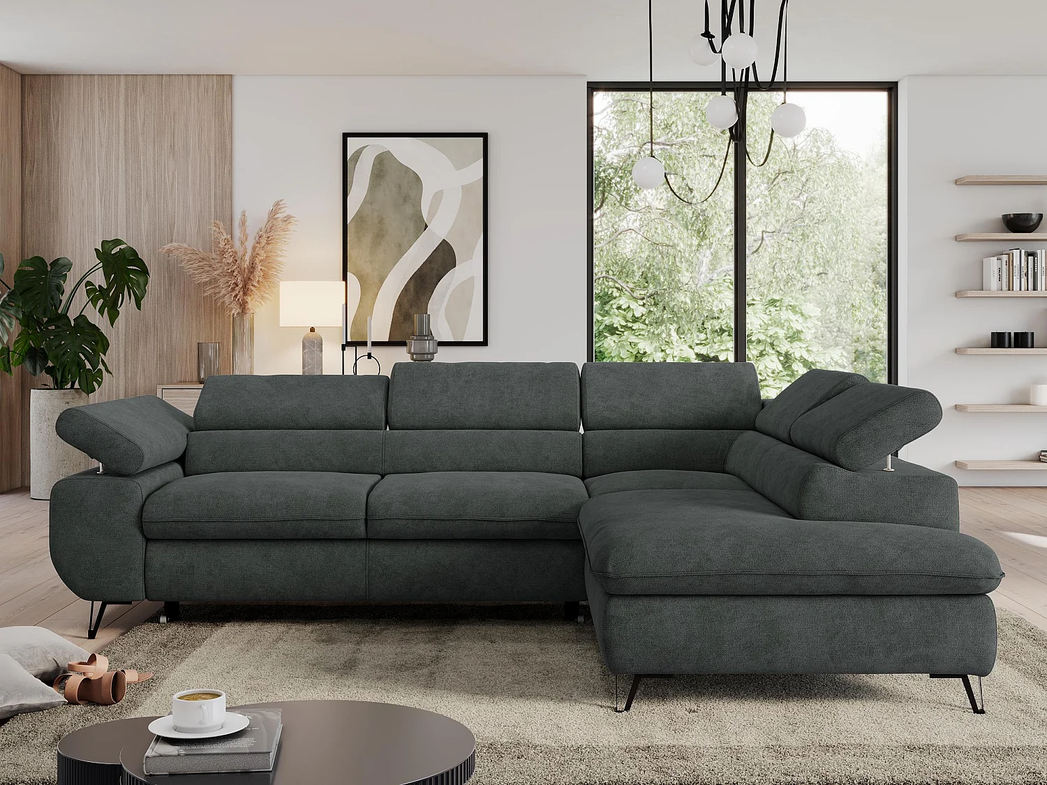 Ecksofa PEDRO - L-Form mit Schlaffunktion 200x125 cm, verstellbaren Kopfstützen - Dunkelgrau Stukture - Ecke Rechts