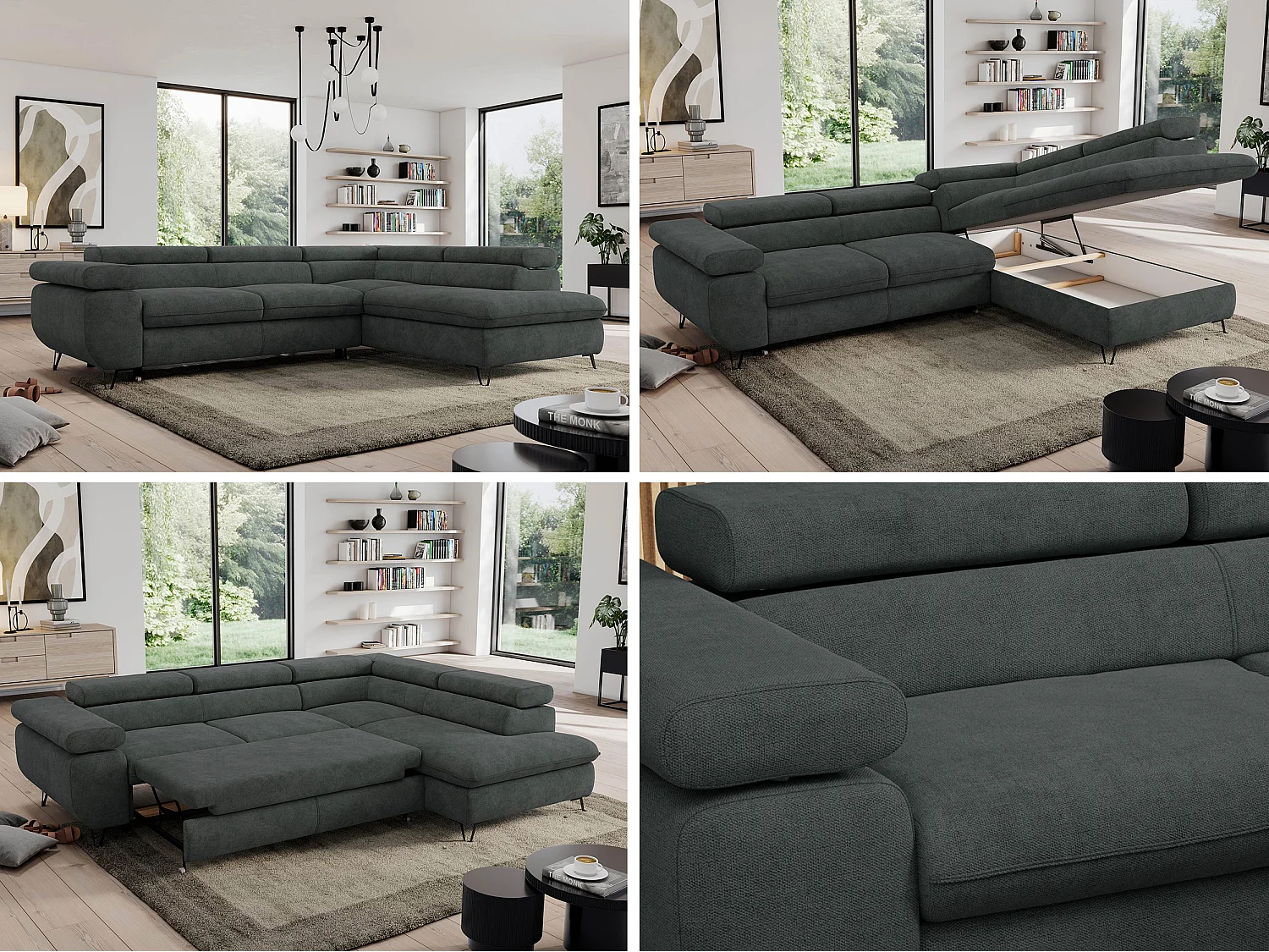Ecksofa PEDRO - L-Form mit Schlaffunktion 200x125 cm, verstellbaren Kopfstützen - Dunkelgrau Stukture - Ecke Rechts