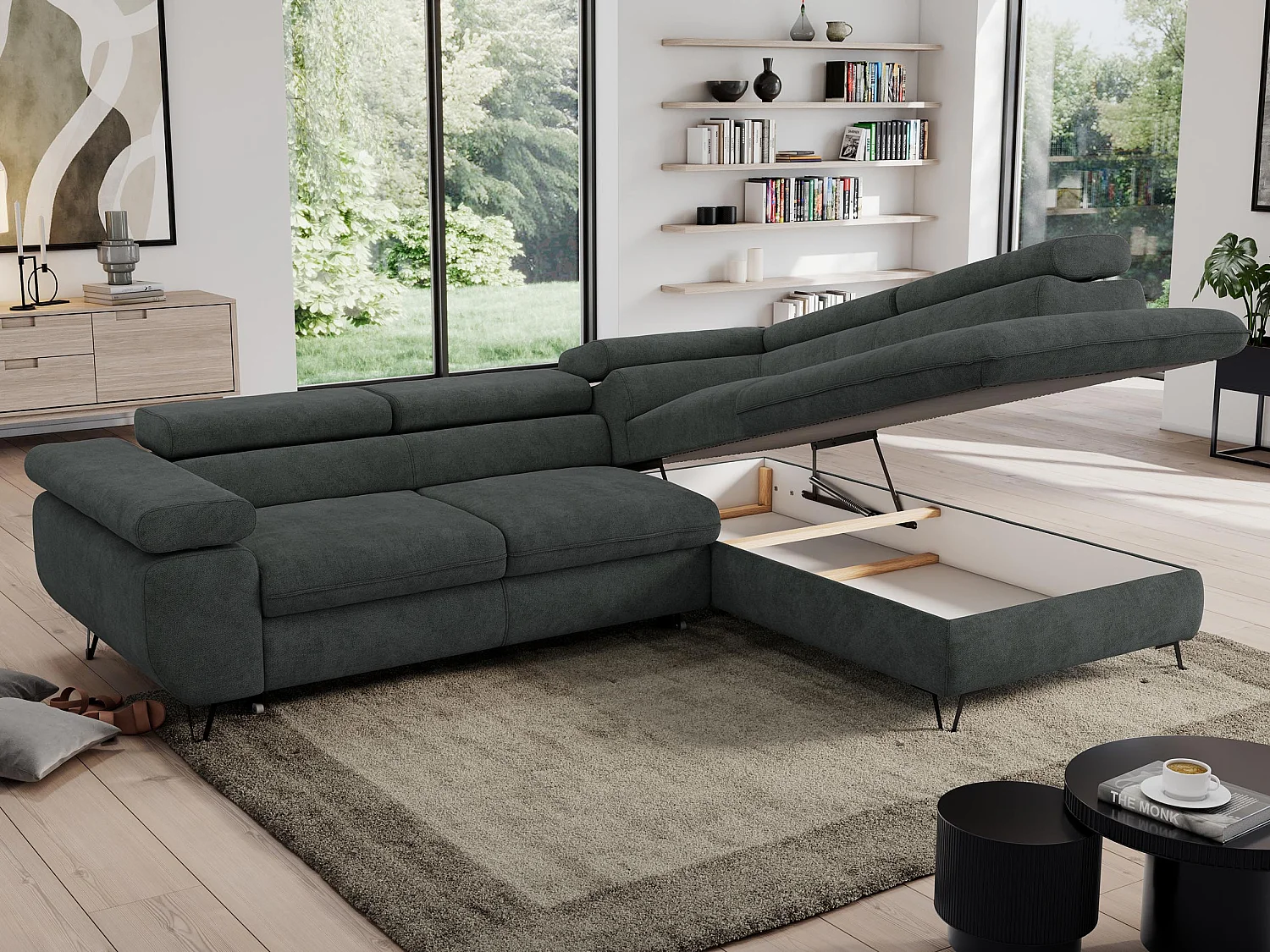 Ecksofa PEDRO - L-Form mit Schlaffunktion 200x125 cm, verstellbaren Kopfstützen - Dunkelgrau Stukture - Ecke Rechts