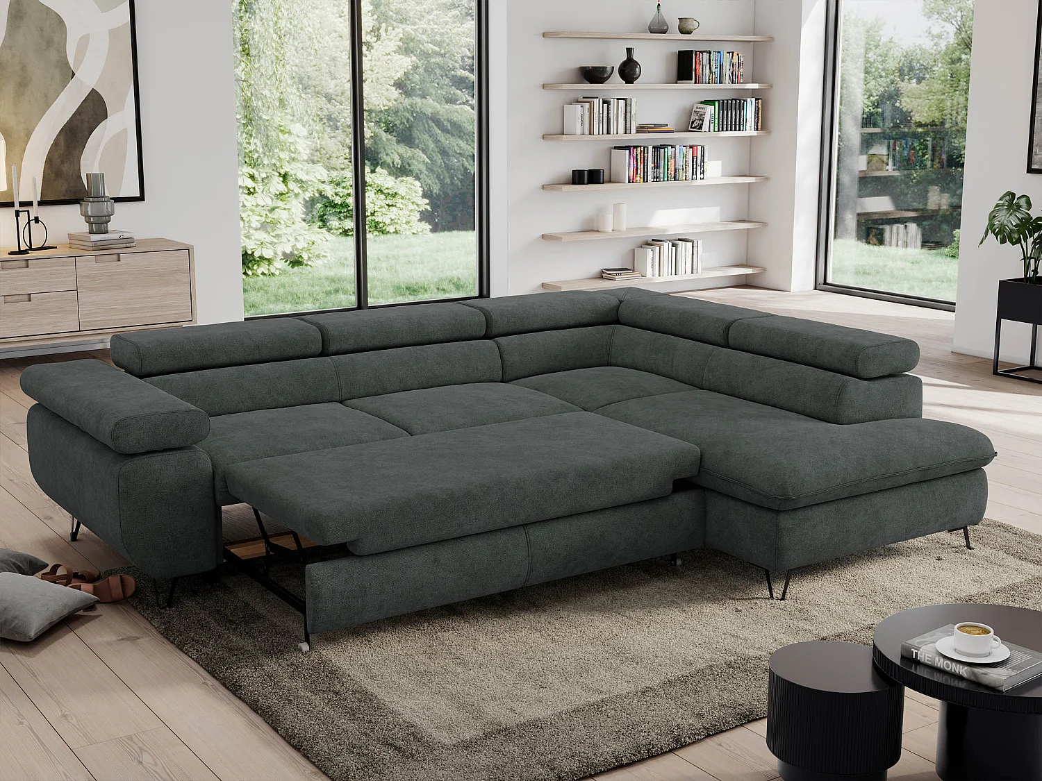 Ecksofa PEDRO - L-Form mit Schlaffunktion 200x125 cm, verstellbaren Kopfstützen - Dunkelgrau Stukture - Ecke Rechts