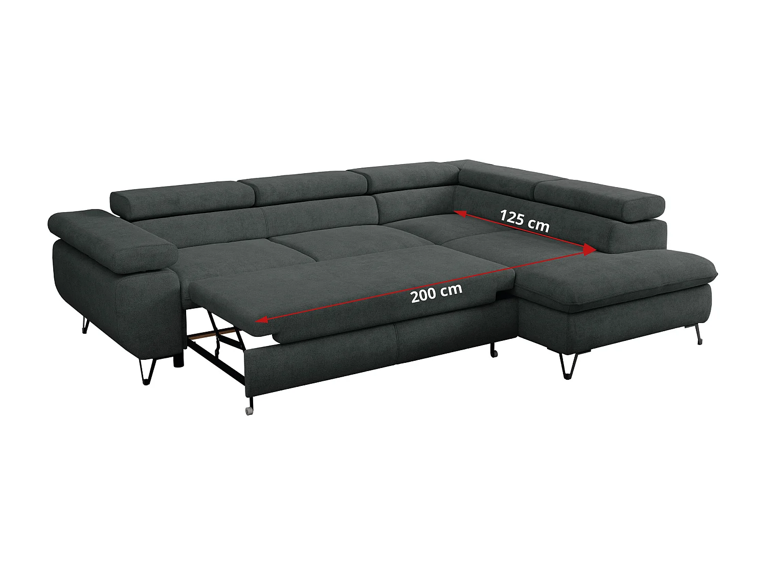 Ecksofa PEDRO - L-Form mit Schlaffunktion 200x125 cm, verstellbaren Kopfstützen - Dunkelgrau Stukture - Ecke Rechts