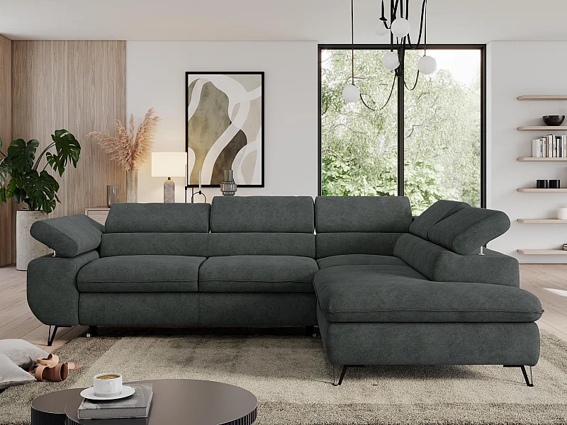 Ecksofa PEDRO - L-Form mit Schlaffunktion 200x125 cm, verstellbaren Kopfstützen - Dunkelgrau Stukture - Ecke Rechts