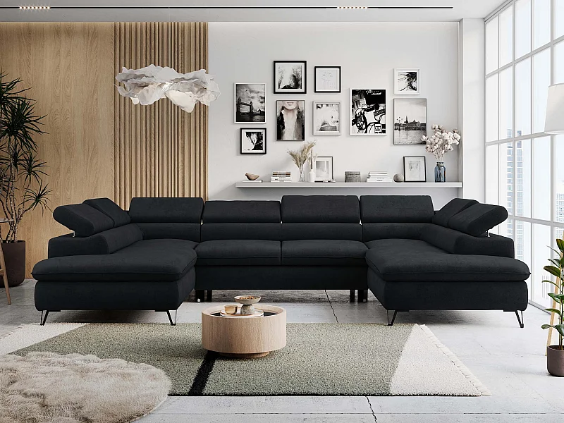 Ecksofa PETER U - schlaffunktion und Bettkästen, verstellbare Kopfstützen - Schwarz Velvet