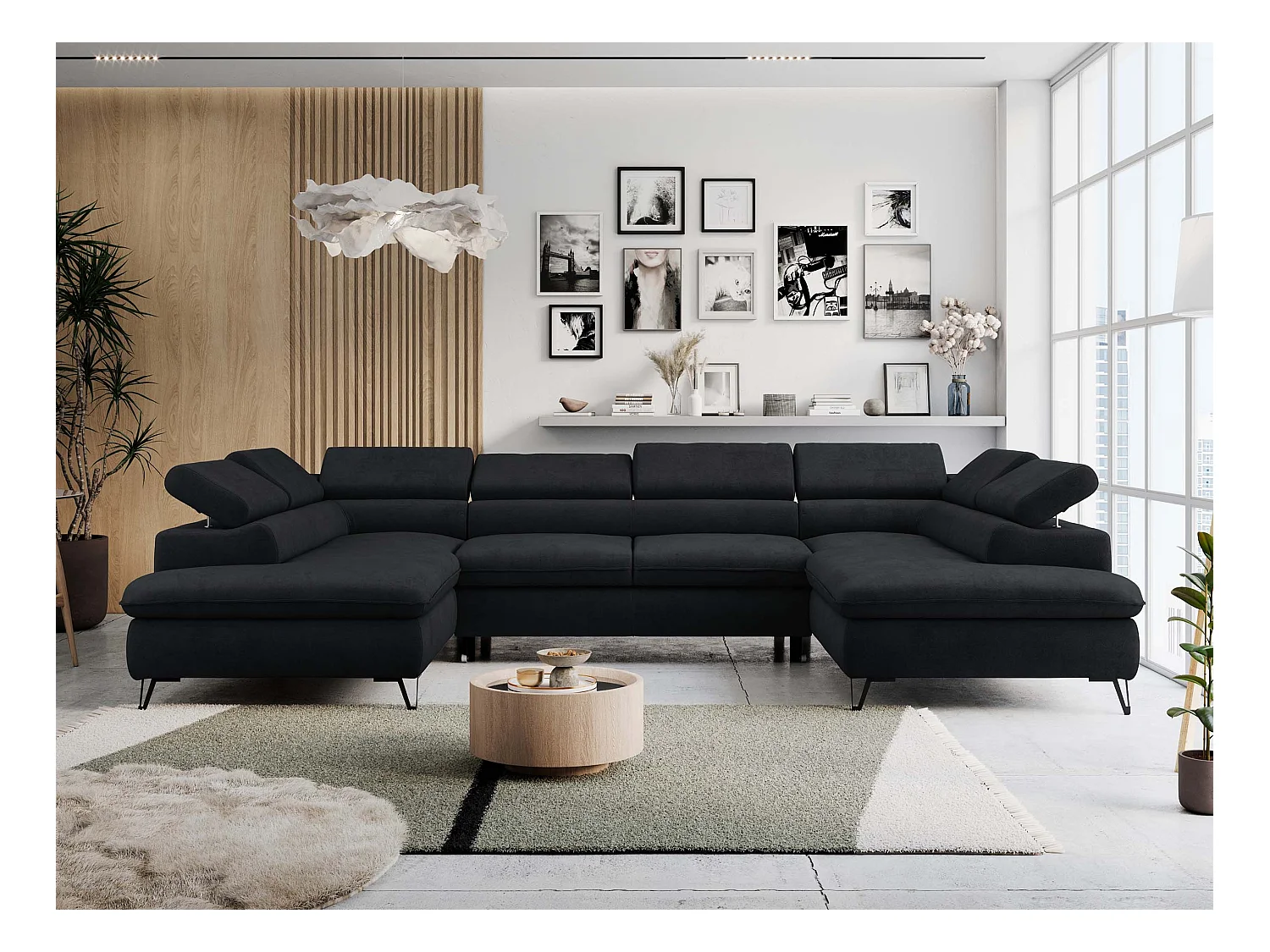 Ecksofa PETER U - schlaffunktion und Bettkästen, verstellbare Kopfstützen - Schwarz Velvet