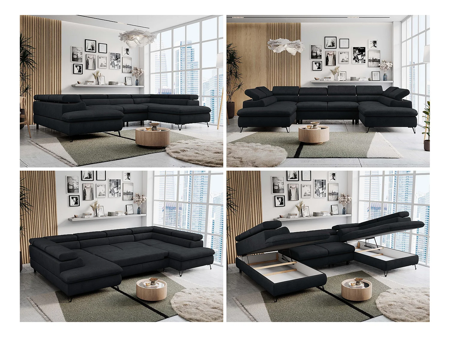 Ecksofa PETER U - schlaffunktion und Bettkästen, verstellbare Kopfstützen - Schwarz Velvet