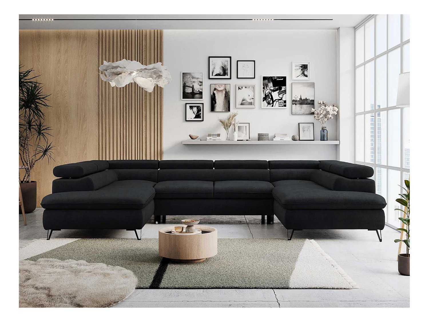 Ecksofa PETER U - schlaffunktion und Bettkästen, verstellbare Kopfstützen - Schwarz Velvet