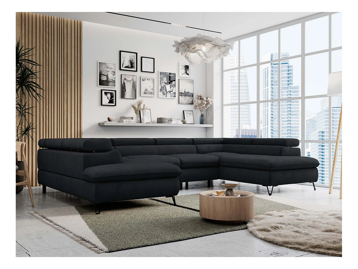 Ecksofa PETER U - schlaffunktion und Bettkästen, verstellbare Kopfstützen - Schwarz Velvet