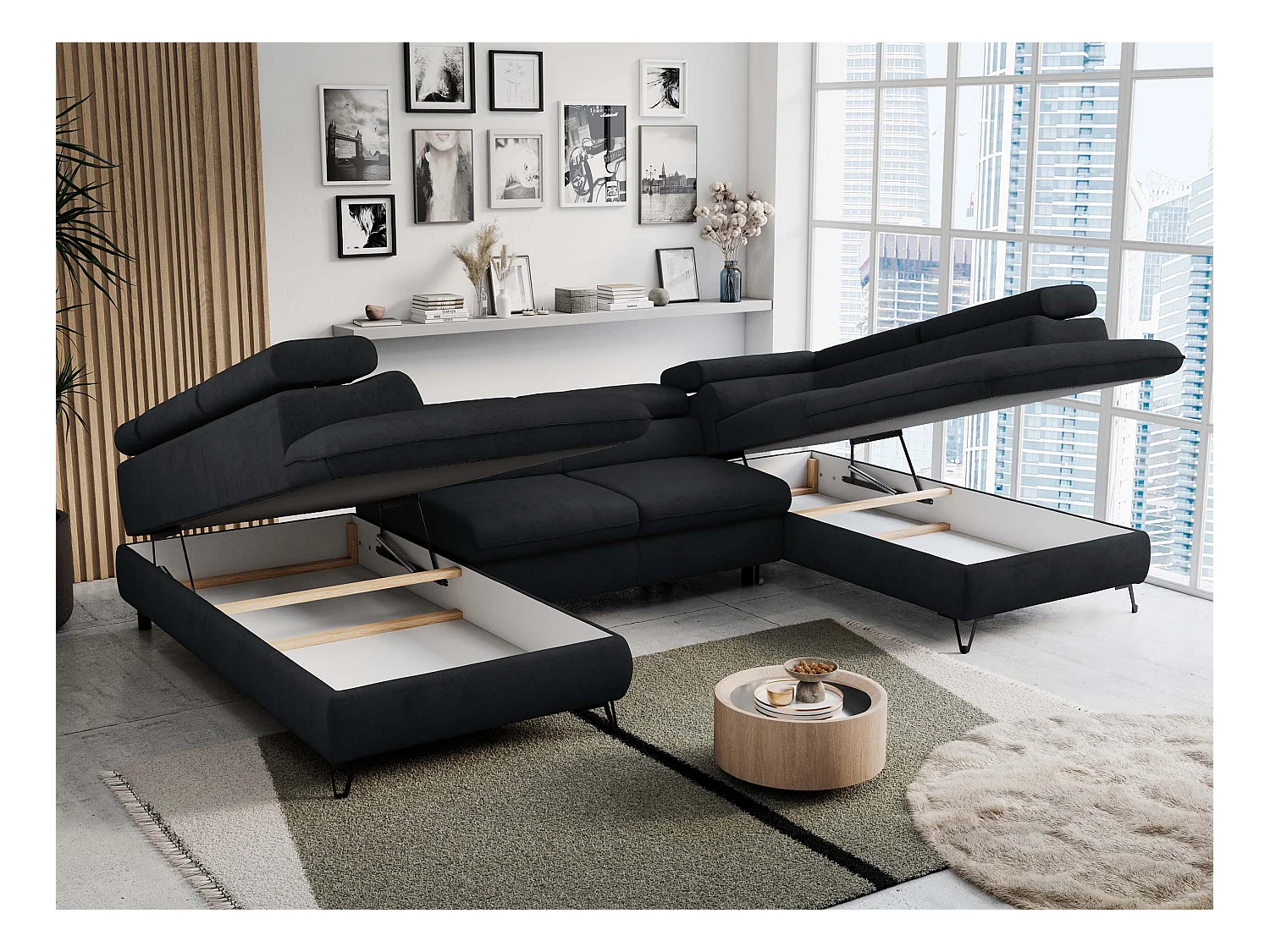 Ecksofa PETER U - schlaffunktion und Bettkästen, verstellbare Kopfstützen - Schwarz Velvet