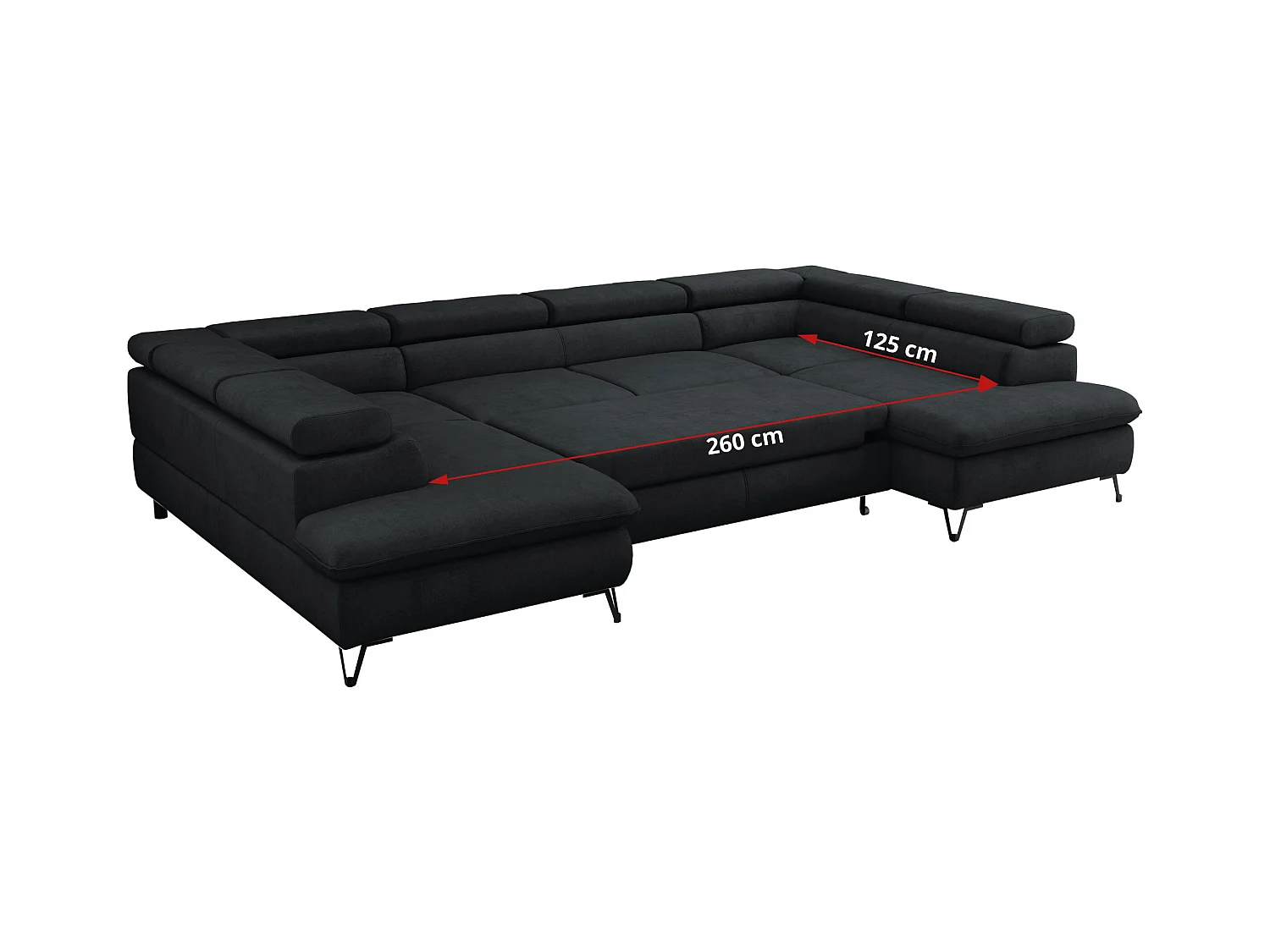 Ecksofa PETER U - schlaffunktion und Bettkästen, verstellbare Kopfstützen - Schwarz Velvet