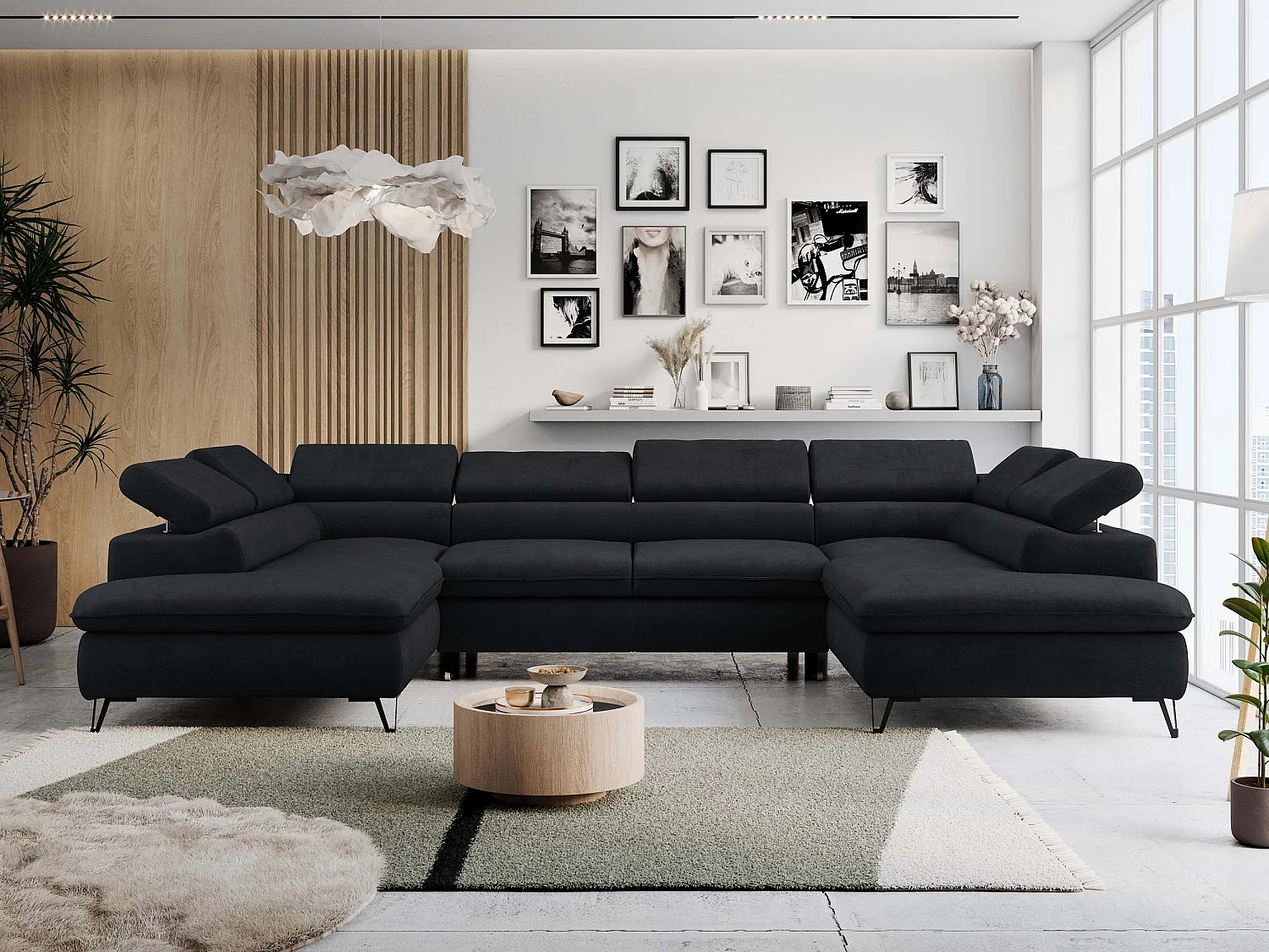 Ecksofa PETER U - schlaffunktion und Bettkästen, verstellbare Kopfstützen - Schwarz Velvet
