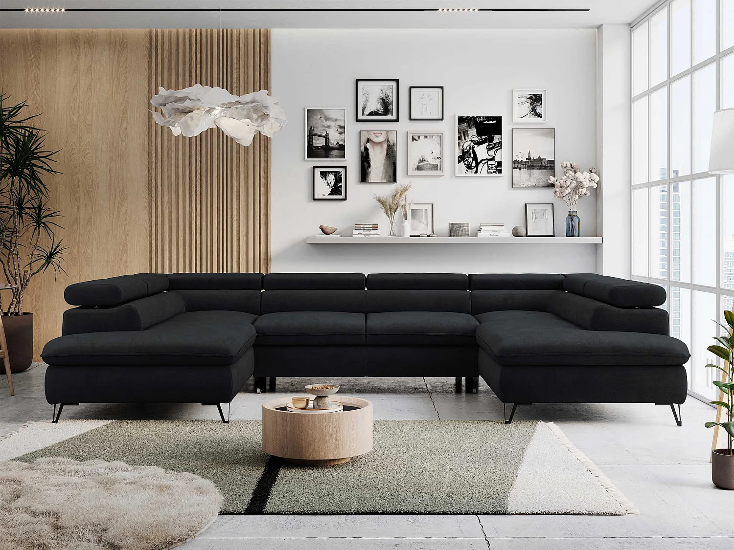 Ecksofa PETER U - schlaffunktion und Bettkästen, verstellbare Kopfstützen - Schwarz Velvet
