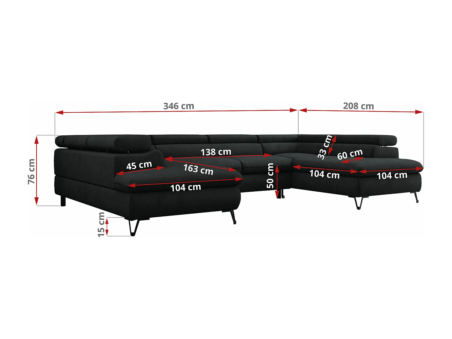 Ecksofa PETER U - schlaffunktion und Bettkästen, verstellbare Kopfstützen - Schwarz Velvet