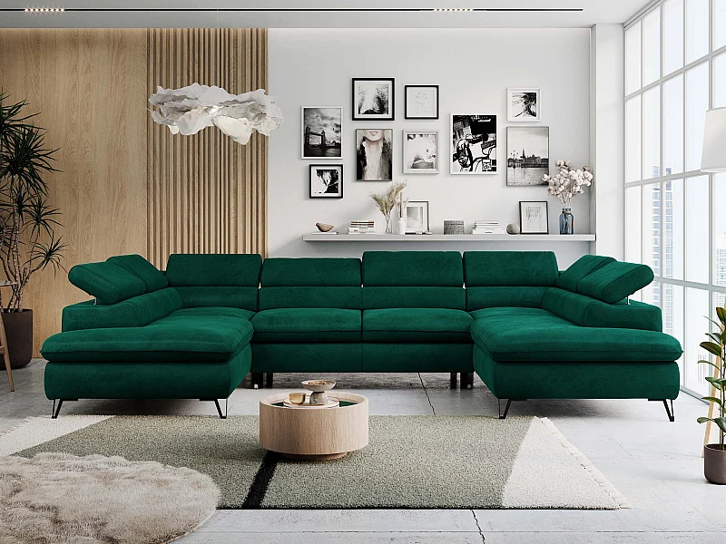Ecksofa PETER U - schlaffunktion und Bettkästen, verstellbare Kopfstützen - Grün Velvet