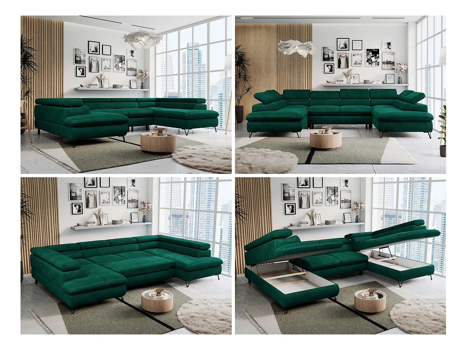 Ecksofa PETER U - schlaffunktion und Bettkästen, verstellbare Kopfstützen - Grün Velvet