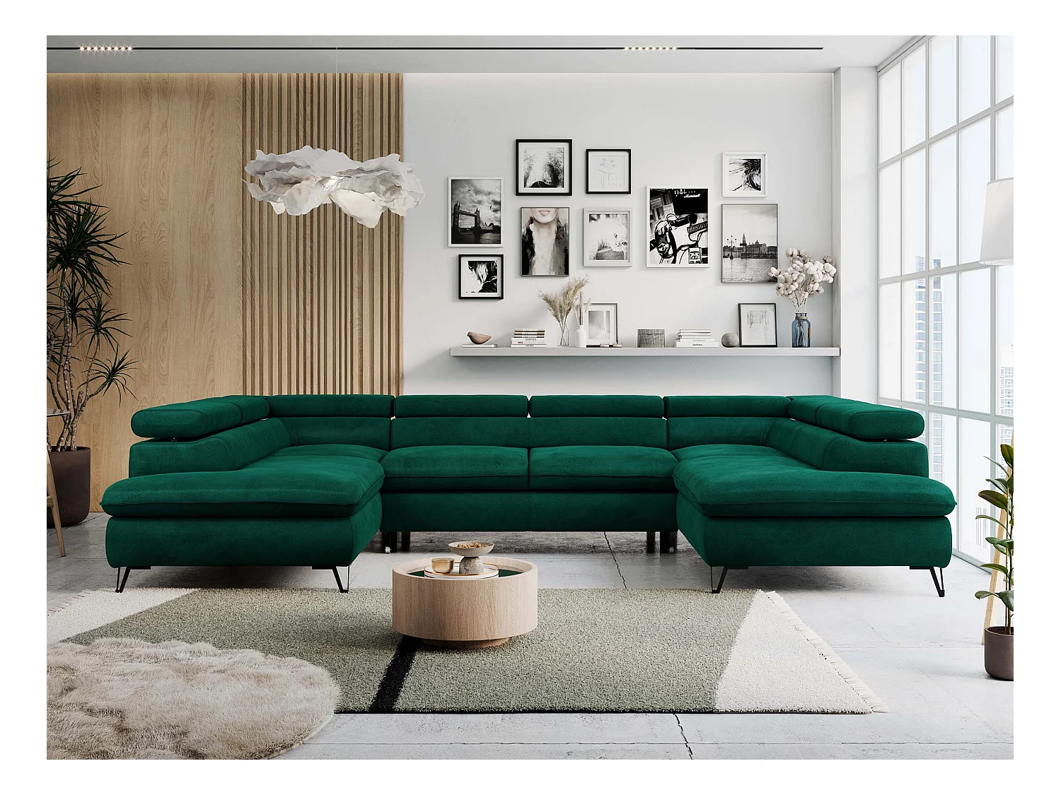 Ecksofa PETER U - schlaffunktion und Bettkästen, verstellbare Kopfstützen - Grün Velvet