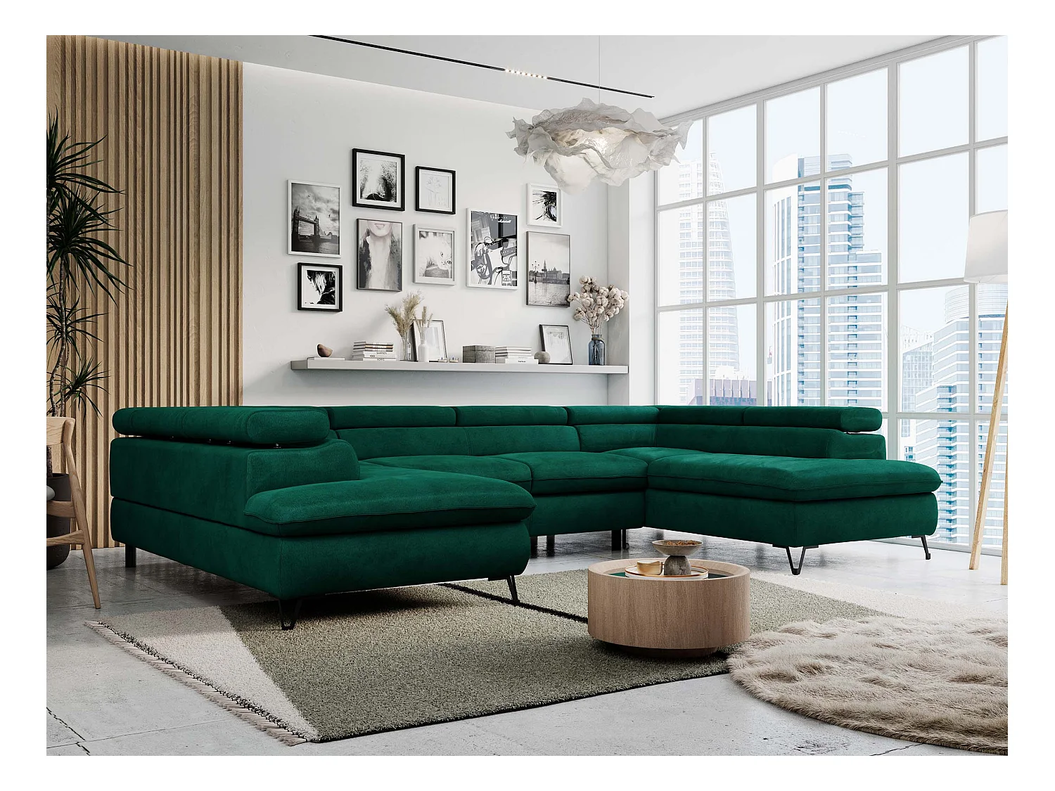 Ecksofa PETER U - schlaffunktion und Bettkästen, verstellbare Kopfstützen - Grün Velvet