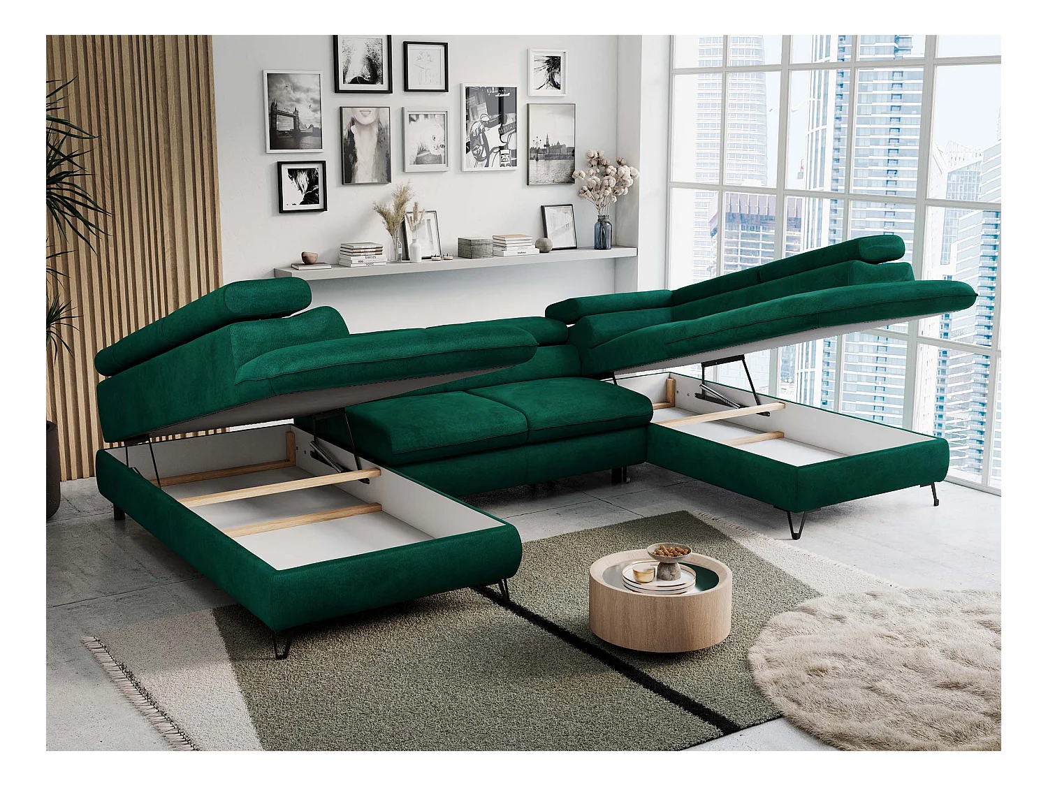 Ecksofa PETER U - schlaffunktion und Bettkästen, verstellbare Kopfstützen - Grün Velvet