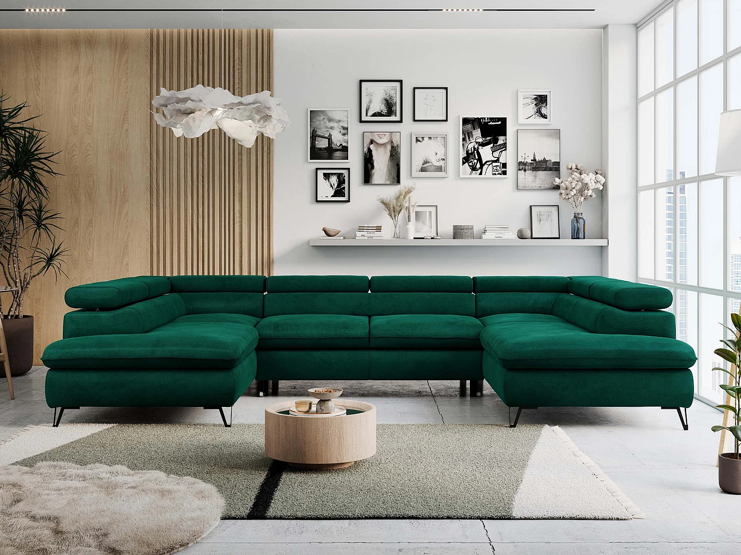 Ecksofa PETER U - schlaffunktion und Bettkästen, verstellbare Kopfstützen - Grün Velvet